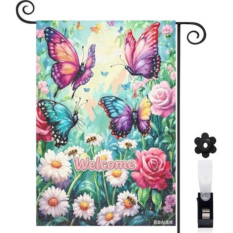 Drapeau de jardin papillons jaunes et roses roses 30 x 45 cm décoration terrasse et extérieur (1/5)