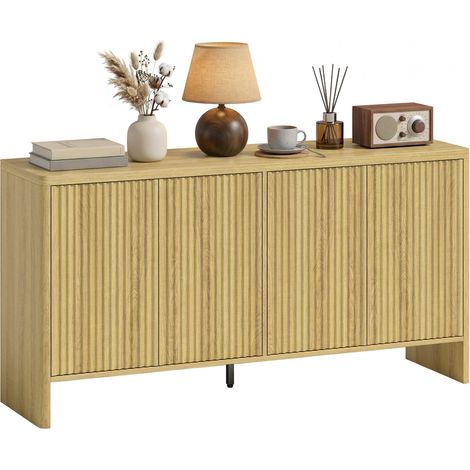 Credenza da soggiorno, mobile contenitore con 4 ante scanalate, ripiano regolabile, meccanismo push-to-open, 147x40x77 cm, rovere