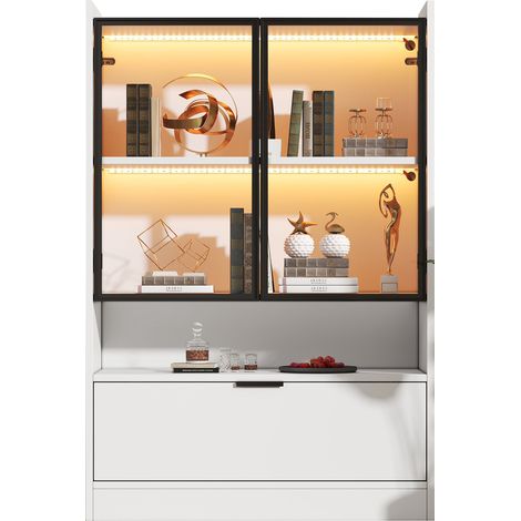 ELVMI Vitrine avec 2 Portes en Verre, Abattant et LED Pilotée par Application, pour Salon, Blanche, 80 x 35 x 120 cm (1/5)