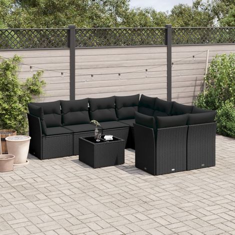 vidaXL Salon de jardin 9 pcs avec coussins noir résine tressée (1/3)