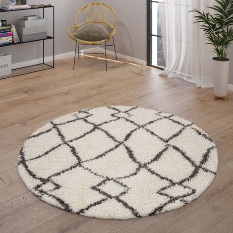 Paco Home Hochflor Teppich Wohnzimmer Shaggy Skandinavisch Fransen Flauschig Modern 120 cm Rund, Creme