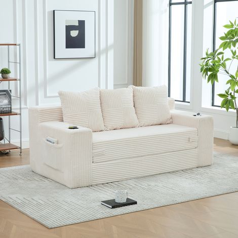 Divano modulare a 3 posti beige in tessuto con braccioli, portabicchieri e tasche laterali (1/5)