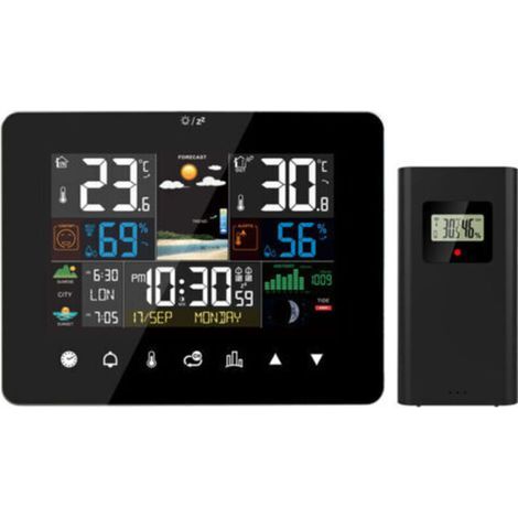 Station météo lever et coucher du soleil réveil multifonction thermomètre hygromètre fonctionnement à écran tactile avec capteur extérieur sans fil,Le noir,de (1/5)
