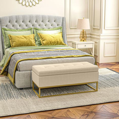 Banco de almacenaje tapizado beige, 110 x 44 x 49 cm, aspecto terciopelo, patas de acero HAVRYA (1/5)