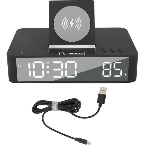 10W Digital Alarm Clock One Button Lifting LED Mirror Electronic Clock with 10W Wireless Charging for Bedroom Office Home EN001 Black