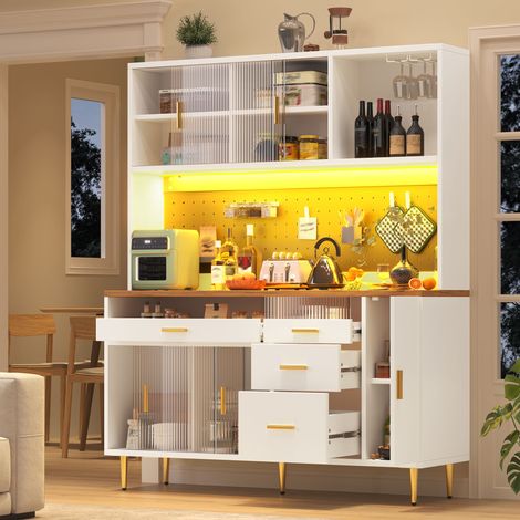 Buffet de cuisine haut LED 145x39x171 cm, meuble de rangement cuisine et salle à manger avec étagères perforées, MDF, blanc (1/5)