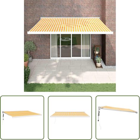 The Living Store Auvent rétractable jaune et blanc 4x3 m tissu et aluminium - Store Véranda - Abri Solaire - Pergola Murale - Parasol Extensible - Protection Solaire Extérieure (1/5)