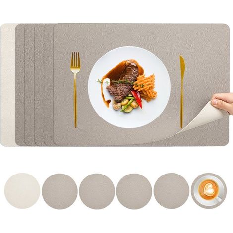 PVC-Tischsets und Untersetzer – 12er-Set – 6 Tischsets (43 x 30 cm) + 6 Untersetzer (10 x 10 cm) – Rutschfeste Tischsets – Doppelseitige Tischsets mit Litschi-Textur (1/5)