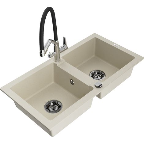 Mexen Mario lavello in granito a 2 vasche con miscelatore da cucina Duo, beige - 6504-69-671701-07-B (1/5)