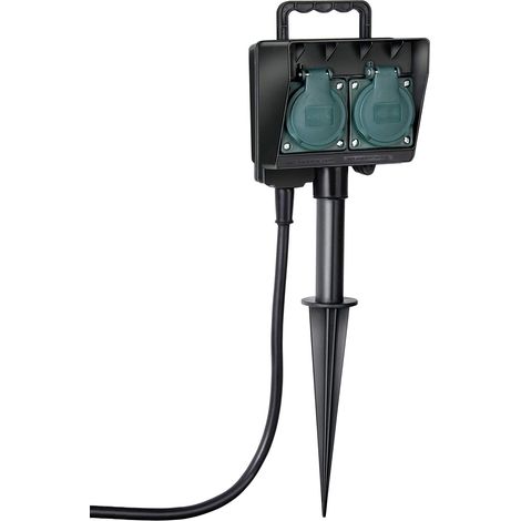 Extension 2 Prises protégées et Piquet pour Jardin, Longeur 1,5M, Noir/Bleu