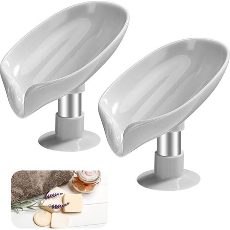 Porte-Savon à Ventouse 2 Pcs Gris Porte-Savon en Forme De Feuille Porte-Savon éponge en Plastique,Savon Boîte avec Drainage,Convient pour Le Comptoir, La Douche (1/5)