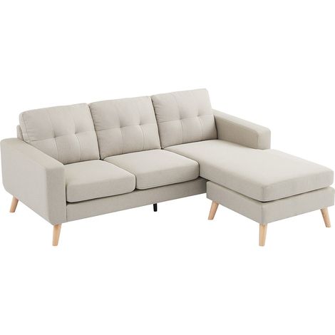 Vente-Unique – Canapé d'angle convertible 4 places – Réversible en tissu beige – Structure en bois – Assise déhoussable – Confort ferme (1/4)
