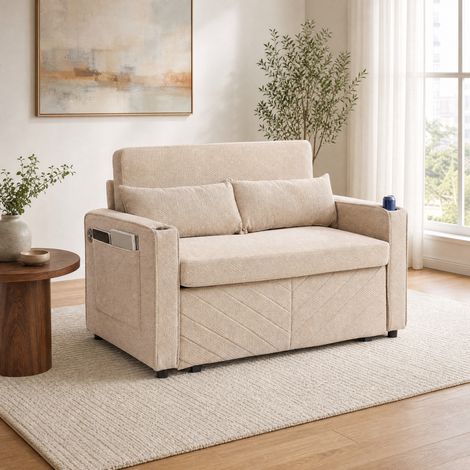 Canapé-lit 3 en 1 beige en bois et tissu avec ports USB intégrés et système coulissant (1/5)
