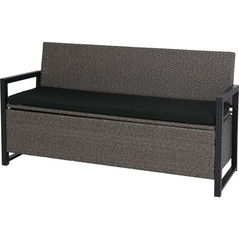 [NEUWERTIG] Poly-Rattan 3er Sitzbank HHG-596, Gartenbank Truhenbank, Staufach Aufbewahrung Sitzkissen grau, Kissen schwarz