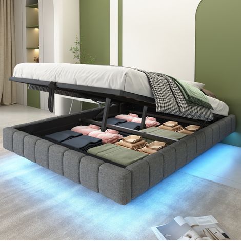 Polsterbett 140/200 cm grau aus Leinen und Metall mit LED-Lichtleiste und Stauraum (1/5)