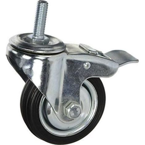 Roulette Pivotante - 75 mm - Caoutchouc Noir - Frein Double - Tige Filetée - Unité (1/2)