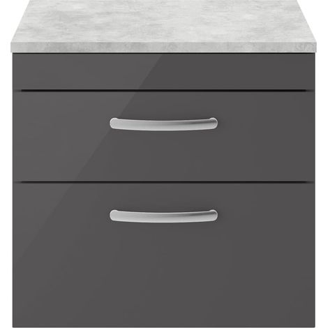 Nuie Athena Wall Hung 2-Drawer Vanity Unit with Grey Worktop 600mm Wide - Gloss Grey (1/5)