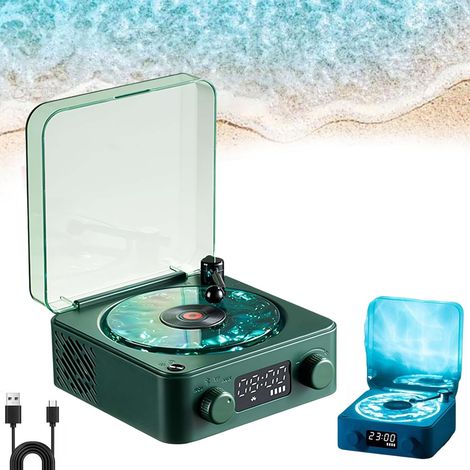Disque vinyle, lecteur horloge, enceinte Bluetooth, enceinte portable rétro en vinyle, lumière et heure réglables, vert (1/5)