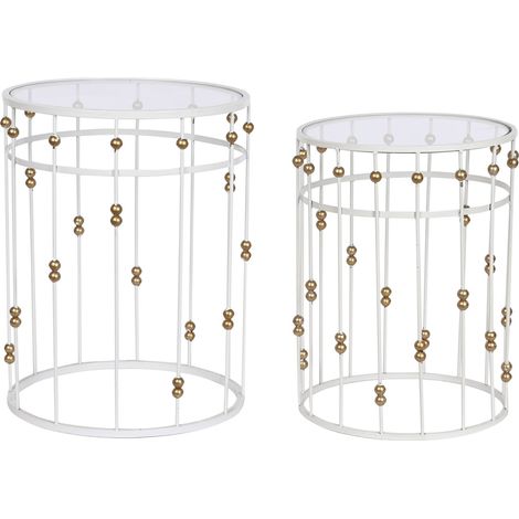 Lot de 2 tables d'appoints rondes en métal blanc et verre (1/3)
