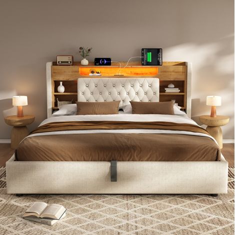 Cama tapizada retro 140x190 cm con arcón hidráulico, cabecero con estantes, LED y USB/USB-C, lino beige (1/5)