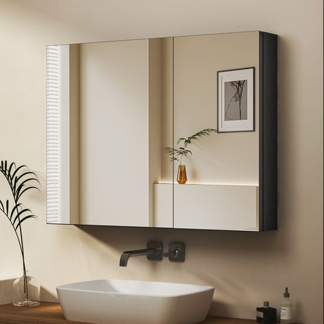 Spiegelschrank Schwarz 80x60 cm Spiegelschrank Bad Spiegelschränke Badspiegel Badschrank Badezimmer Spiegelschrank Hängeschränke Wandschrank Medizin Kabinett für Badezimmer, gäste wc