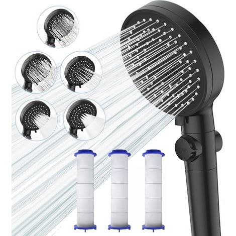 Pommeau de douche- Bouton Arrêt +5 Mode Jet Réglable, avec Filtre 3 Coton PP Remplaçable (1/5)