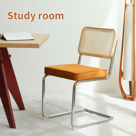 Lot de 2 chaises de salle à manger en velours et rotin, avec pieds chromés, chaises d’appoint modernes style milieu de siècle Breuer, chaises rembourrées pour salle à manger, salon et cuisine (1/5)