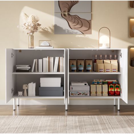 Buffet bas blanc 140x40x77,5 cm, MDF et panneaux de particules, 4 portes, ouverture push-to-open, pieds en métal (1/5)