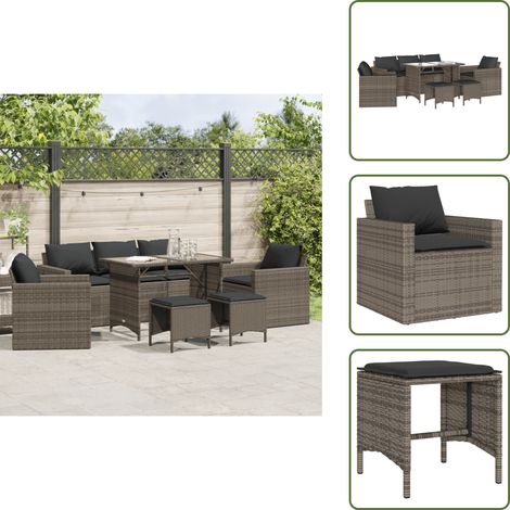 6-tlg. Garten-Sofagarnitur mit Kissen Grau Poly Rattan - Gartenmöbel Set - PE-Rattan Gartenmöbel - Outdoor Lounge - Esstisch Set - Balkonmöbel (1/5)