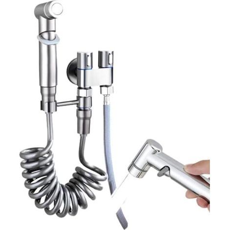 Neues, wandmontiertes Badezimmer-Sprüharmatur-Set, WC-Zubehör, Handbrause für Bidet, Zweiwegeventil mit 1 Einlass und 2 Auslässen (Silber) - (1/5)