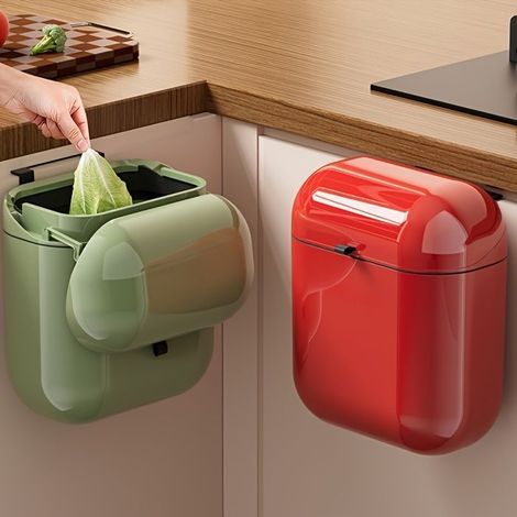 BelleRise - Poubelle de cuisine murale avec couvercle — Bac de rangement suspendu hygiénique à double couvercle (Vert)