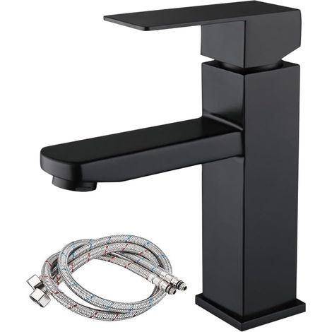 Black Washbasin Mixer Tap, Matte Black Bathroom Faucet, Bathroom Mixer Tap with Two Hoses, Hot and Cold Water Sink Mixer for Guests Toilet Bath (1/5)