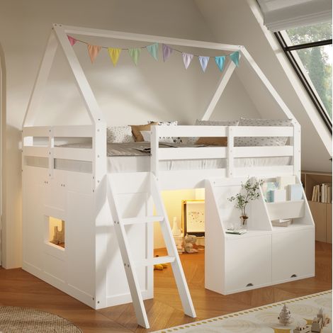Cama infantil alta con forma de casa 140x200 cm con LED, almacenaje, blanca OKMYHOME (1/5)