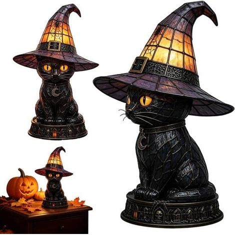 Lampe chat noir avec chapeau de sorcière - 12 x 12 x 25 cm - Résine - Ampoule E12 - Cordon et interrupteur inclus - Idéale pour Halloween/Gothique - Noire (1/5)