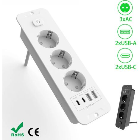 Prises encastrées sur Table ue, prises intégrées avec 3 prises 2 ports USB 2 Type C PD20W, prise de courant cachée pour bureau intégré pour meubles, Blanc (1/5)