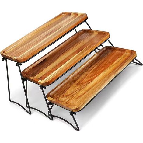 Présentoir à 3 niveaux en bois, grand plateau pour assiettes, amuse-gueules, fruits, gâteaux, imitation bois. (1/5)
