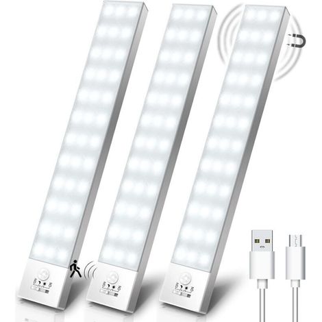 Closet Lights, Pack of 3, 5000K USB Wireless LED Closet Lights with Motion Sensor, Rechargeable, Built-in Magnet, Night Light for Wardrobe, Closet, Stairs, Kitchen, Hallway - 23cm (1/5)