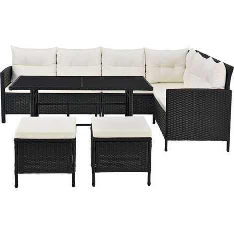 Salotto in polyrattan Manacor Nero , Crema Set di mobili da giardino con divano per 7 persone incl. cuscini (1/3)