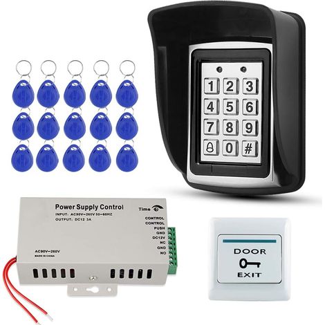 Kit Sistema di Controllo Accessi Impermeabile per Esterni Tastiera RFID in Metallo + Alimentatore DC12V + Pulsante di Uscita Porta + 15 Chiavi EM4100 (Senza Serratura) (1/5)