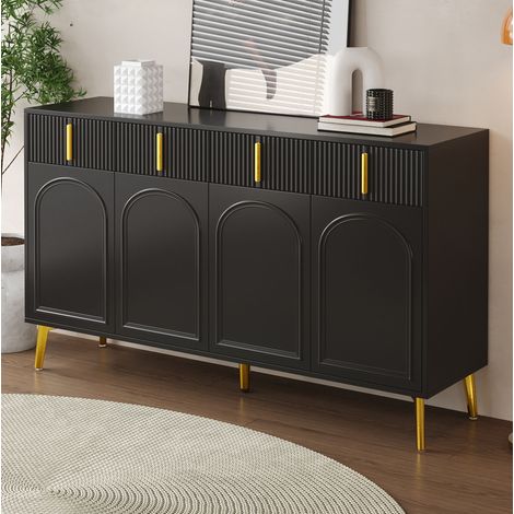 Credenza nera da soggiorno con gambe e maniglie dorate, 4 ante e 4 cassetti, ripiano interno rimovibile, per soggiorno e sala da pranzo (1/5)
