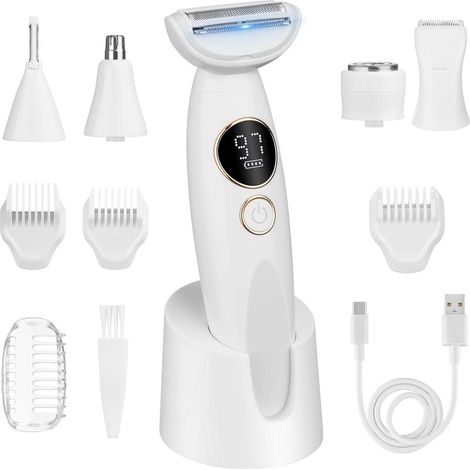 Rasoir électrique 5 en 1 pour femme, tondeuse bikini, étanche IPX7 avec station de charge USB pour le visage, le corps, les sourcils et le bikini (1/4)