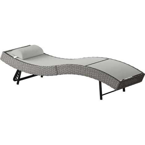 Chaise longue en résine tressée, bain de soleil avec dossier et appui-tête réglables sur 5 positions, 198 x 61 x 44 cm, grise