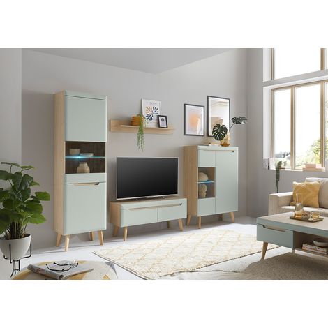Wohnzimmer Set in Grün Matt mit Eiche STOCKTON-61, 5-teilig inkl. Couchtisch (1/5)