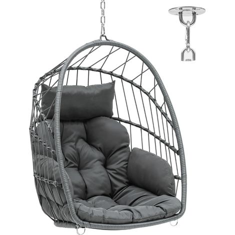 Fauteuil suspendu œuf rotin gris avec 2 coussins, charge 150kg (1/5)