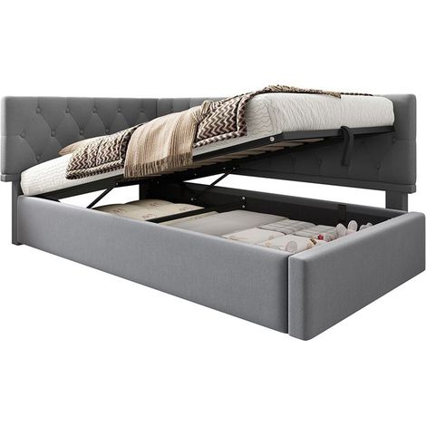 Lit rembourré convertible 90x200 cm avec rangement hydraulique, gris - 1 place (sans matelas) (1/5)