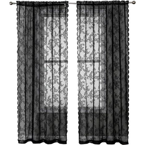 Lot de 2 rideaux décoratifs en dentelle motif floral Translucides occultants Cuisine, salon, chambre à coucher Décoration de la maison Noir 140 x 213 cm