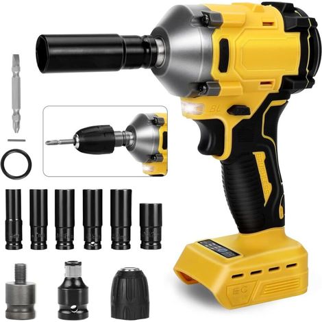 Akku-Schlagschrauber, 1000 Nm, bürstenloser Motor, 1/2"-Anschluss, kompatibel mit Dewalt 18V/21V, elektrischer Schlagschrauber mit 3 Geschwindigkeitsstufen und 12 Zubehörteilen – ohne Akku