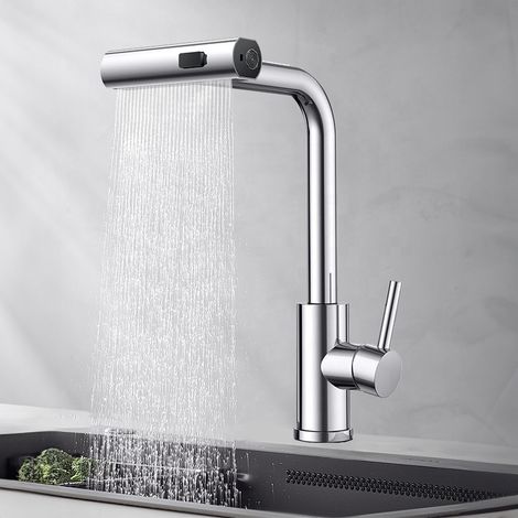 Grifo de cocina extraíble de acero inoxidable con cascada para fregadero de agua fría y caliente
