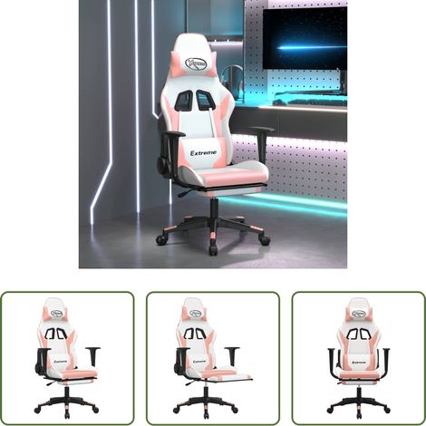 vidaXL Massage gaming - Chaise de jeu de massage avec repose-pied Blanc rose Similicuir (1/5)