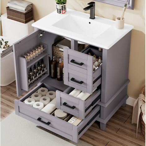 Mueble baño con lavabo integrado y cajones gris OKMYHOME (1/5)